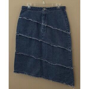 Vintage Me and You Women’s Tiered Blue Denim Midi Skirt Raw Edges Size Large